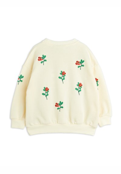 Felpa color crema con ricami floreali in rosso e verde. Presenta un collo rotondo e polsini a coste, con una vestibilità rilassata e una texture morbida.