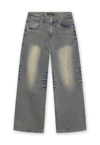 Lichtgewassen, wijde denim jeans met een vervaagde afwerking, voorzien van vijf zakken, een knoopsluiting en subtiele slijtageplekken op de dijen.