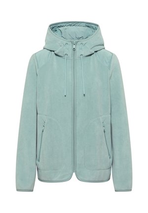 Světle modrá fleecová bunda s kapucí, celopropínacím zipem, stahovacími šňůrkami a zipovými kapsami po stranách, zobrazena na bílém pozadí.