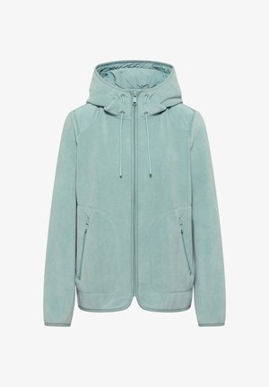 Veste en polaire bleu clair avec capuche, fermeture éclair intégrale à l'avant, cordons de serrage et poches latérales zippées, présentée sur un fond blanc.