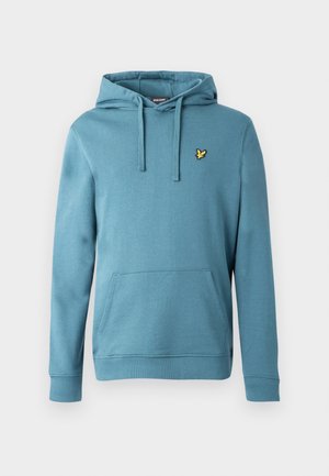 Leichter Kapuzenpullover in Hellblau, aus Baumwollmischung, mit einer Kängurutasche vorne und einem kleinen gelben Logo, das auf der Brust eingestickt ist.