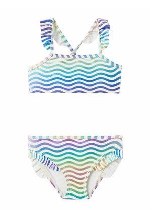 Twee-delige bikini met meerkleurige golfpatronen, met geschulpte bandjes en ruches op de bikini onderkant. Zachte, rekbare stof.