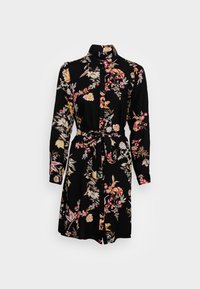 Czarna sukienka koszulowa z długimi rękawami, kwiatowy wzór w odcieniach beżu, żółci i różu, guziki z przodu oraz pasek w talii.