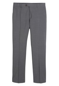 Pantalones grises de tejido liso, con corte recto, dos bolsillos frontales, cierre de un solo botón y una textura sutil.
