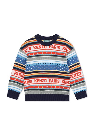 Pull multicolore à rayures rouges, bleues et grises avec le texte "KENZO PARIS". Poignets et encolure côtelés en marine. Texturé en maille épaisse.