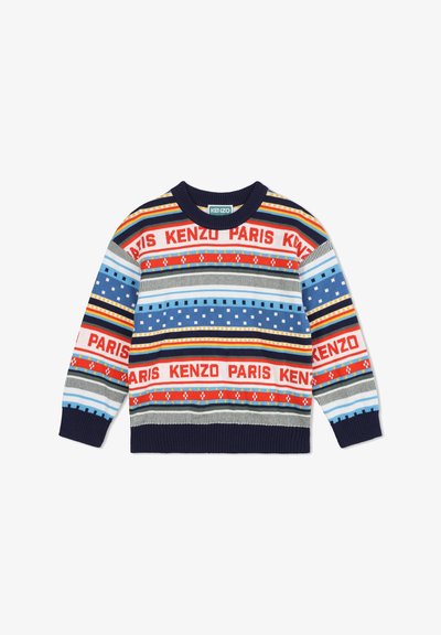 Pull multicolore à rayures rouges, bleues et grises avec le texte "KENZO PARIS". Poignets et encolure côtelés en marine. Texturé en maille épaisse.