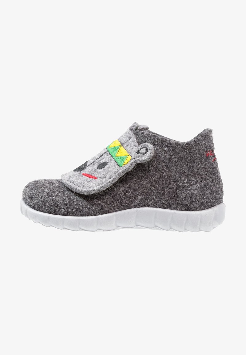 Chaussure d'enfant en feutre gris avec semelle blanche et un rabat ludique représentant un visage d'animal avec des touches jaunes et vertes.