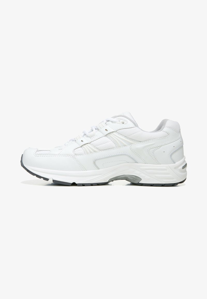 White athletic shoe with textured leather and mesh upper, cushioned sole, and rubber tread. Design includes stitched detailing and lace-up closure.