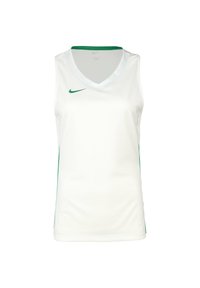 Haut de sport sans manches blanc avec un col en V, présentant des accents verts sur les côtés et un logo Nike vert en haut à gauche. Texture de tissu lisse.