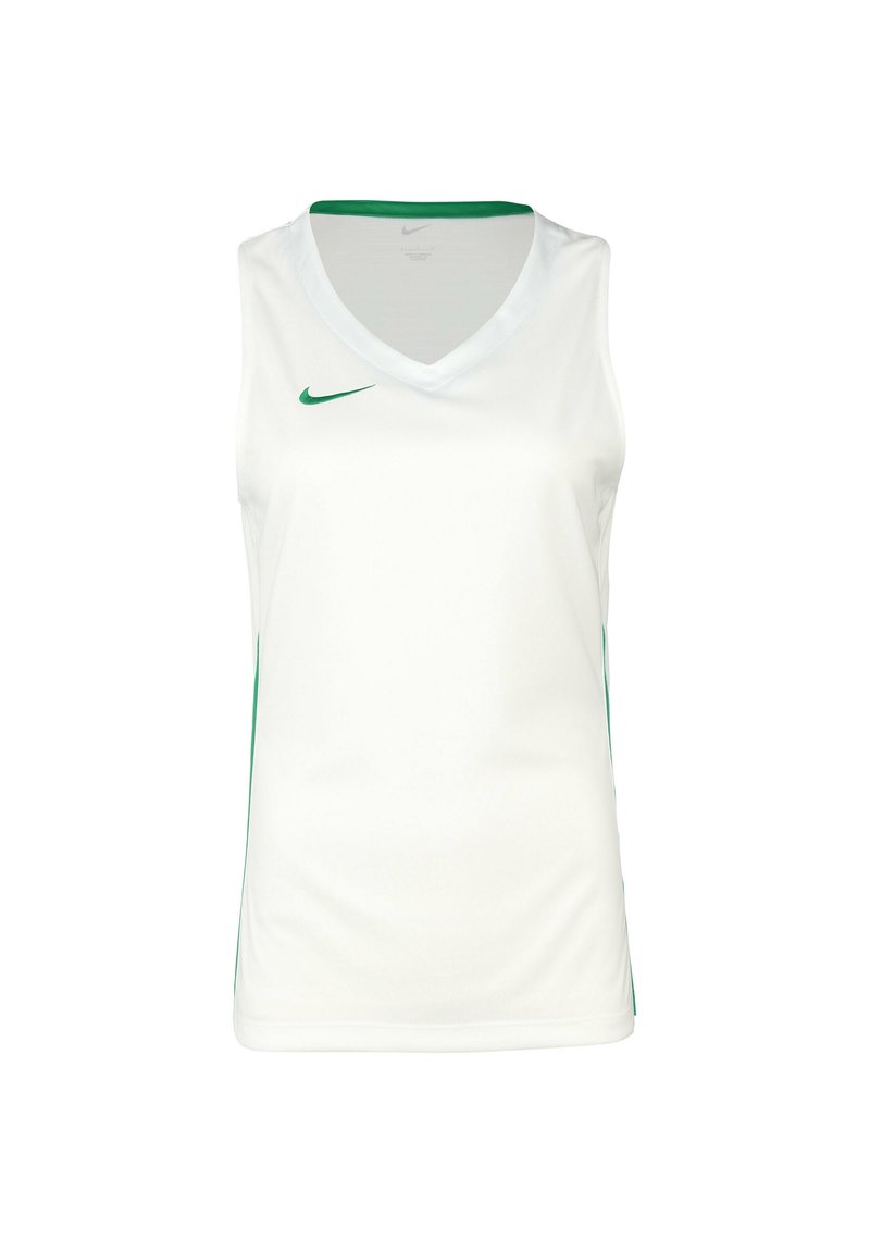 Haut de sport sans manches blanc avec un col en V, présentant des accents verts sur les côtés et un logo Nike vert en haut à gauche. Texture de tissu lisse.