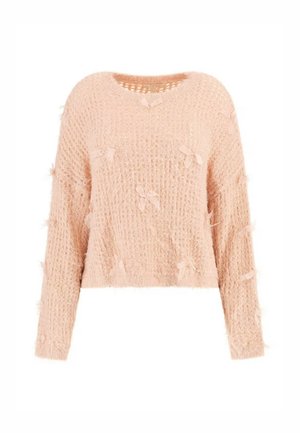 Maglione lavorato a maglia di colore rosa chiaro con maniche lunghe, caratterizzato da una finitura testurizzata e piccoli fiocchi di tessuto sparsi sulla superficie. Design corto.