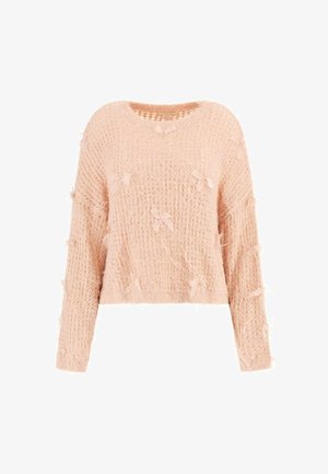 Maglione lavorato a maglia di colore rosa chiaro con maniche lunghe, caratterizzato da una finitura testurizzata e piccoli fiocchi di tessuto sparsi sulla superficie. Design corto.