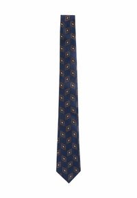 Navy tie with diamond pattern in shades of brown and cream. Features a smooth texture and pointed end design.