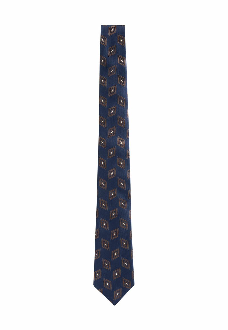 Navy tie with diamond pattern in shades of brown and cream. Features a smooth texture and pointed end design.