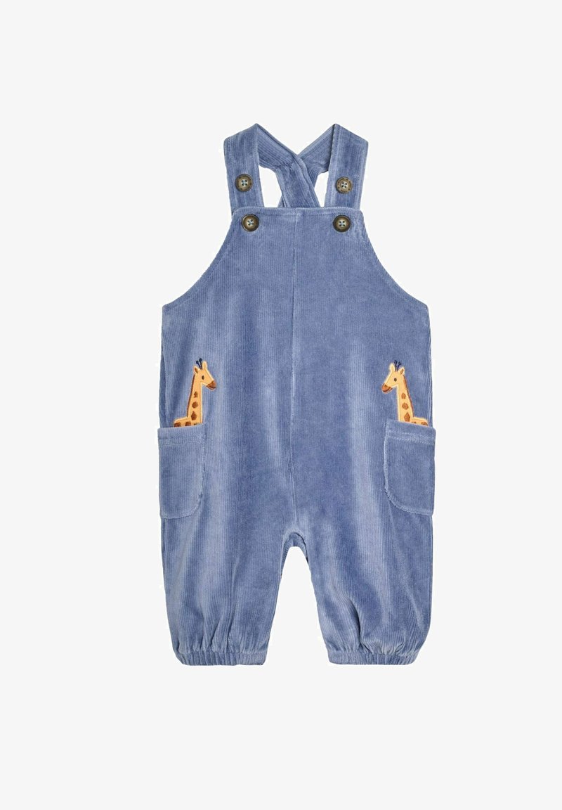Blaue Corduroy-Overalls mit Kreuzträgern, die zwei vordere Taschen mit gestickten Giraffen aufweisen. Elastische Bündchen an den Knöcheln.