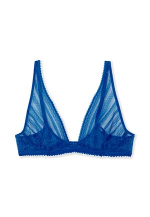 Blue lace bralette with a triangular cup design, sheer texture, scalloped edges, and adjustable straps. No underwire.