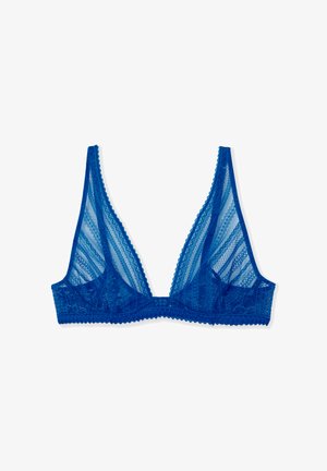 Bralette in pizzo blu con design a coppe triangolari, texture trasparente, bordi scallopati e spalline regolabili. Senza ferretto.