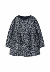 Navyblaues Kleid mit langen Ärmeln, das ein Blütenmuster in Weiß aufweist. Mit schwingendem Rock, geripptem Ausschnitt und aus Baumwolle gefertigt.