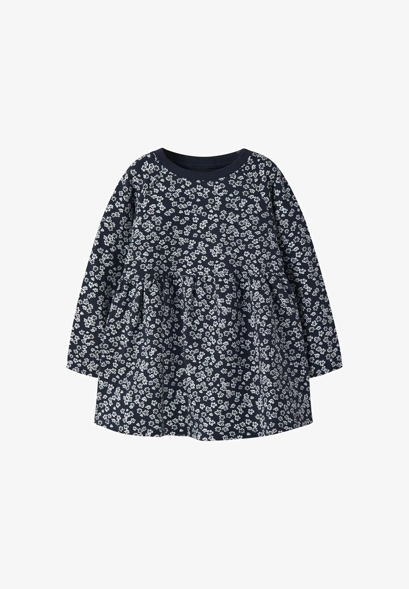 Navyblaues Kleid mit langen Ärmeln, das ein Blütenmuster in Weiß aufweist. Mit schwingendem Rock, geripptem Ausschnitt und aus Baumwolle gefertigt.