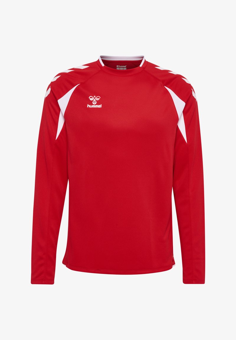 Maillot de sport rouge à manches longues avec des accents en chevron blancs sur les épaules et les côtés, arborant un logo Hummel blanc sur la poitrine.