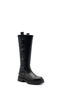 Stivali neri al ginocchio realizzati in pelle liscia con una superficie leggermente texturizzata, dotati di un pannello laterale in contrasto e suola in gomma robusta.