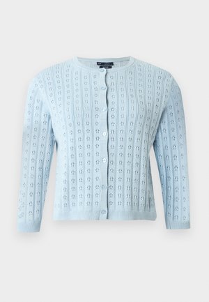 Cardigan en tricot bleu clair à manches longues, col rond, fermeture à boutons sur le devant et petit motif floral en point ajouré.