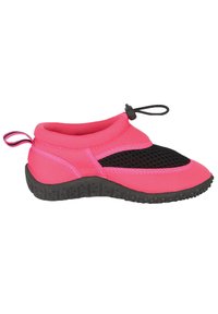 Rosa Wasserschuhe mit einem weichen, flexiblen Obermaterial, schwarzem Netzpanels, Gummisohle und verstellbarem Schnellschnürsystem.