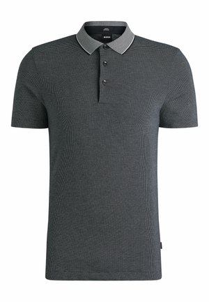Korte mouwen polo in donkergrijs met een textuurpatroon, voorzien van een klassieke kraag en een knoopsluiting met drie knopen met contrasterende bies.