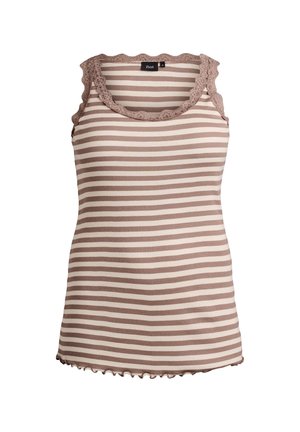 Canotta a righe beige e marrone chiaro, con scollo e orlo smussati, realizzata in tessuto a coste per texture e comfort.