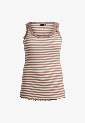 Stripet tanktop i beige og lysebrun med bølget udskæring og kant, lavet af ribstrikket stof for tekstur og komfort.