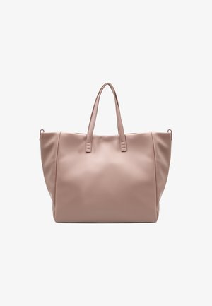 Roosa kunstnahast käekott kahe ülaosa sangaga, mahuka kehaga ja sileda tekstuuriga. Lihtne, kaunistusteta disain, nähtavate metallosadeta.