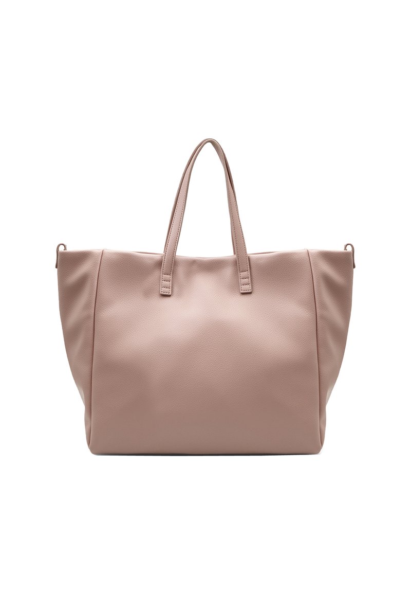 Rózsaszín műbőr válltáska két felső fogóval, tágas belső térrel és sima felülettel. Egyszerű, díszítés nélküli kialakítás, látható fémes részek nélkül.