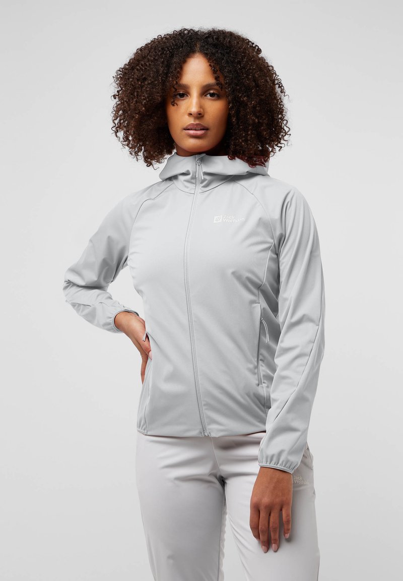 Light gray, lightweight outdoor jacket with a hood, zip closure, and elastic cuffs. Features logo detail and side pockets. Smooth texture.