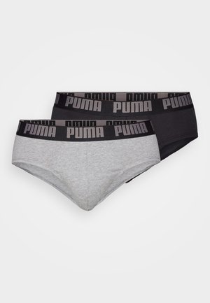 Dois pares de boxers masculinos, um cinza e um preto, com uma larga cintura preta onde está impresso "PUMA" em cinza. Material em mistura de algodão.