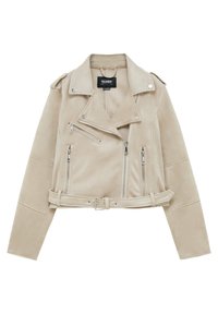 Veste de motard en suédine beige avec taille ceinturée, fermetures éclair argentées et épaulettes. Comprend un col à revers et une coupe courte.