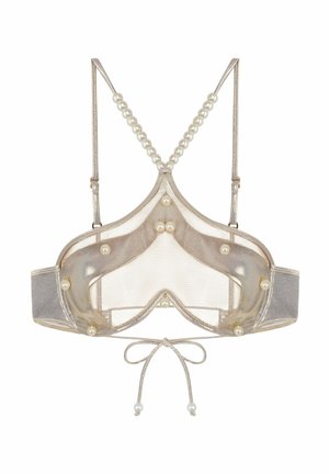 Transparante metalen beha met parelaccenten, met een unieke vorm, verstelbare bandjes en een striksluiting op de rug voor een perfecte pasvorm en aanpassing.