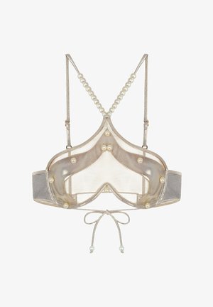 Durchsichtiger, metallischer BH mit Perlenakzenten, der eine einzigartige Form, verstellbare Träger und einen gebundenen Rückenverschluss für eine optimale Passform und Anpassung aufweist.