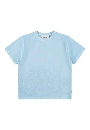 Himmelblå T-shirt med korte ærmer, der har hævede bølgemønstre broderet langs den nederste kant. Fremstillet af blød bomuld med rund hals.