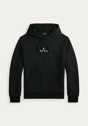 Felpa con cappuccio nera in tessuto morbido, con tasca frontale, cappuccio con coulisse e scritta del logo bianca sul petto.