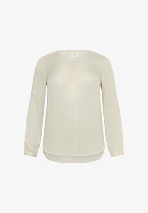 Kreemivärvi pikkade varrukatega pluus V-kaelusega ja mõõduka läikega. Pehme, kerge kangas on sirge lõikega ja ümarate servadega.