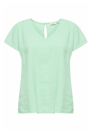 Haut vert menthe à manches courtes avec un décolleté en V et un détail en forme de trou à l'arrière, fabriqué à partir d'un tissu léger avec une finition légèrement texturée.