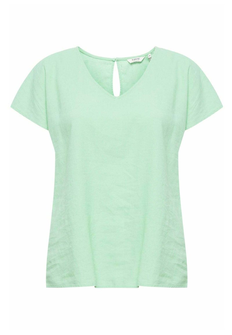 Haut vert menthe à manches courtes avec un décolleté en V et un détail en forme de trou à l'arrière, fabriqué à partir d'un tissu léger avec une finition légèrement texturée.