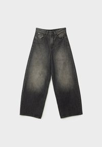 Wide-leg black denim jeans with a faded finish, featuring five-pocket design, belt loops, and metal hardware.