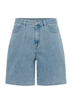 Light blue denim shorts with button closure, belt loops, front pockets, and a straight hem.