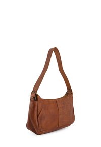 Brown leather shoulder bag with a smooth side and a textured crocodile pattern on the other. Features a single adjustable strap and zip closure.
