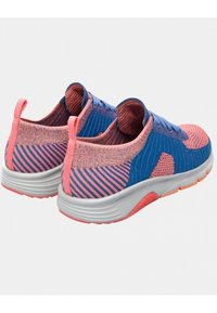 Blue and pink athletic shoes featuring a knit upper, striped pattern, slip-on design, and a white outsole with orange accents.