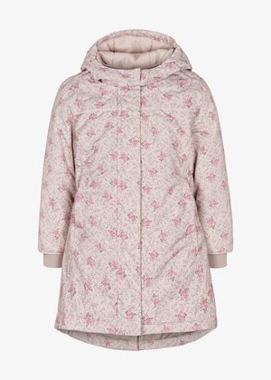 Gequilted, knielange jas in lichtroze met bloemenprint. Heeft een capuchon, lange mouwen, zijzakken en geribbelde manchetten.