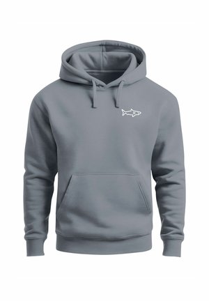 Grau Baumwoll-Hoodie mit einer Fronttasche, Kordelzugkapuze und einem weißen Haifisch-Graphic auf der linken Brust. Weicher Stoff und normale Passform.