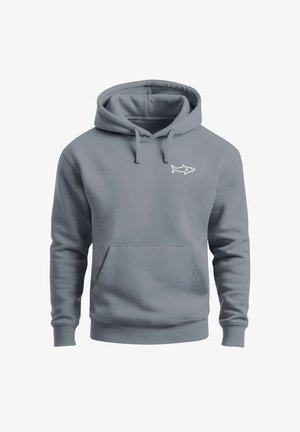 Gray cotton hoodie featuring a front pouch pocket, drawstring hood, and a white shark graphic on the left chest. Soft texture and standard fit.
