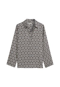Hemd mit Knopfleiste und einem schwarz-weißen geometrischen Blumenmuster. Lange Ärmel, Kragen und gerader Saum. Leichter Stoff.
